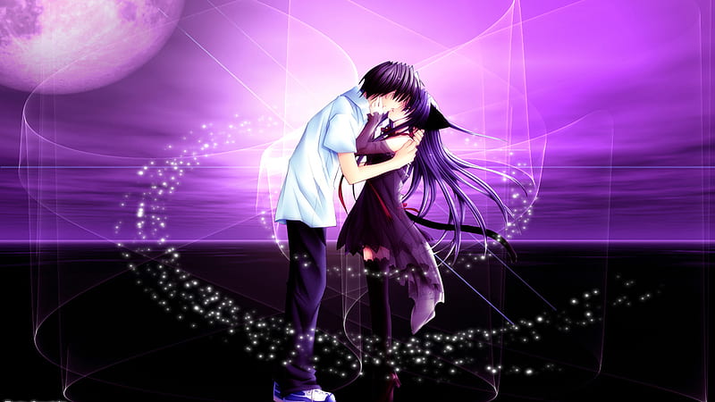 Love in purple, moon, boy, girl, anime, love, woman, doll, kiss, HD wallpaper