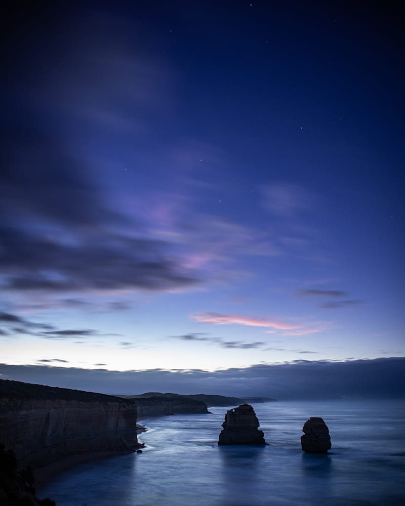 sea, rocks, cliff, twilight, landscape, HD phone wallpaper