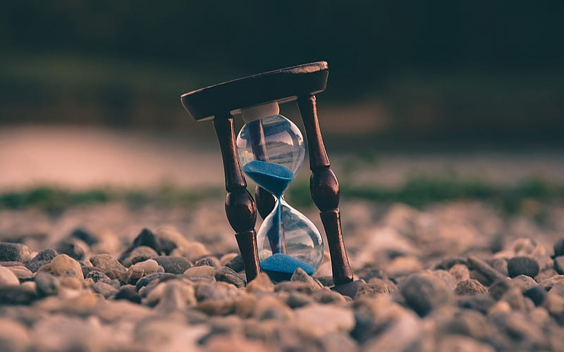 wooden hourglass, time concepts, beach, blue sand, old clock, HD wallpaper