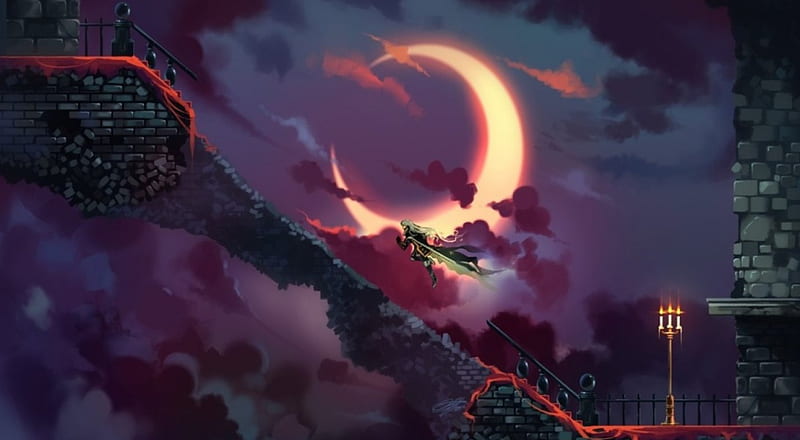 Castelvania, red, art, videogames, lanterns, stairs, clouds, moon, red moon, purple, castle, night, HD wallpaper