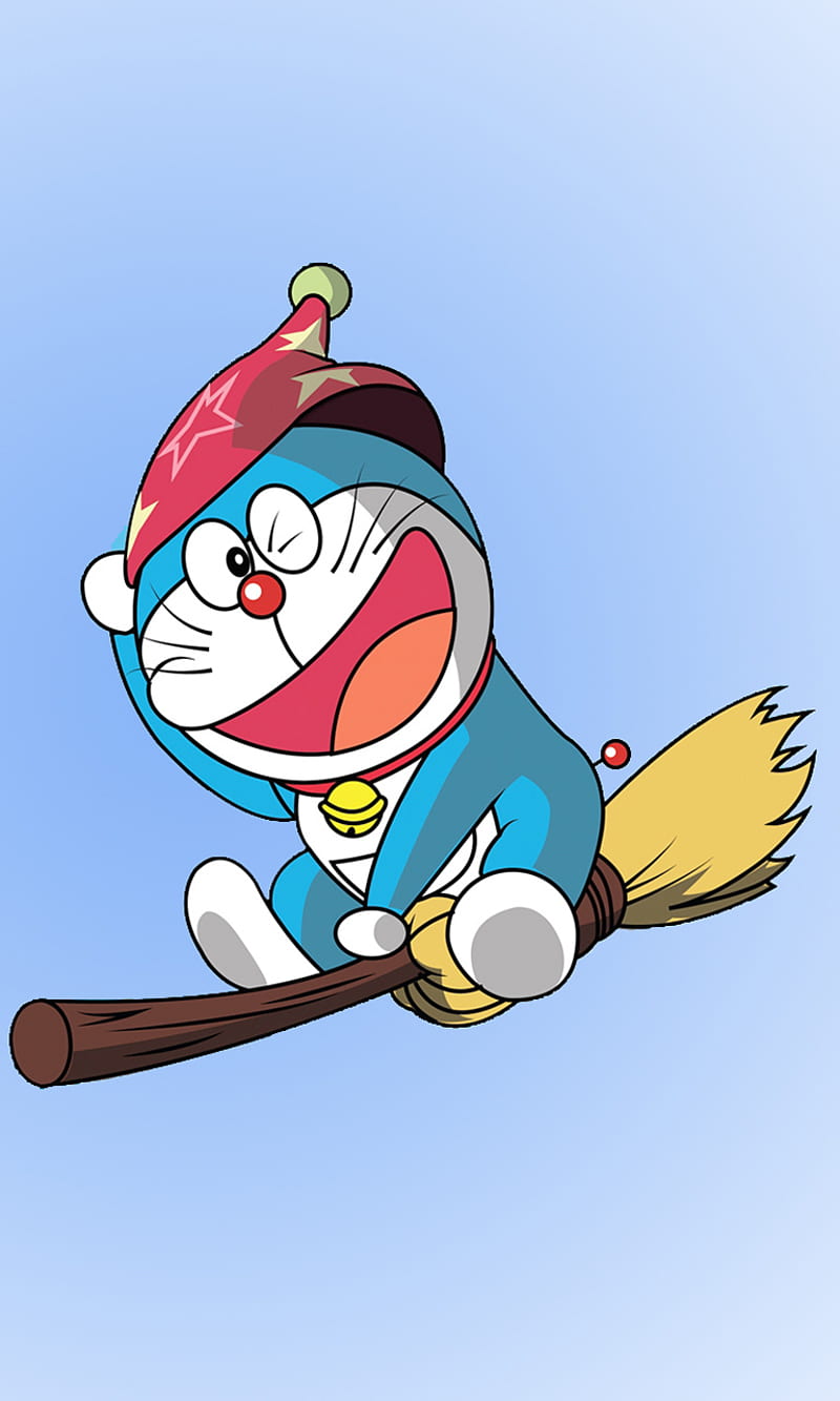Doraemon, anime, cartoon, escoba, cat, mapache, nobita, HD phone wallpaper