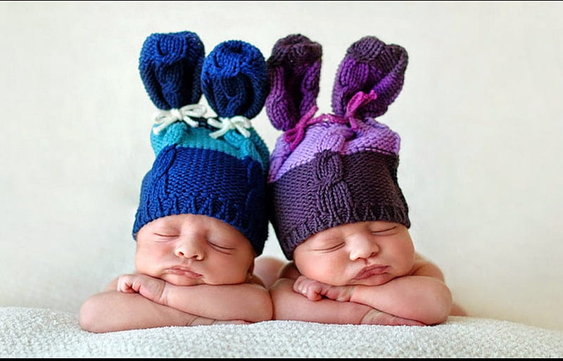 Cute bunnies, sleep, ears, children, easter, baby, sweet, hat, cute, purple, copil, bunny, child, couple, blue, HD wallpaper
