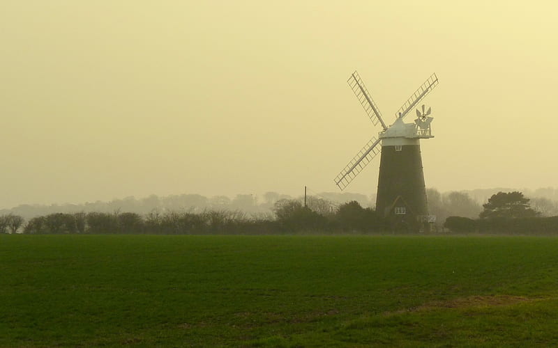 Windmill in Norfolk, England, nature, windmill, field, mist, HD wallpaper