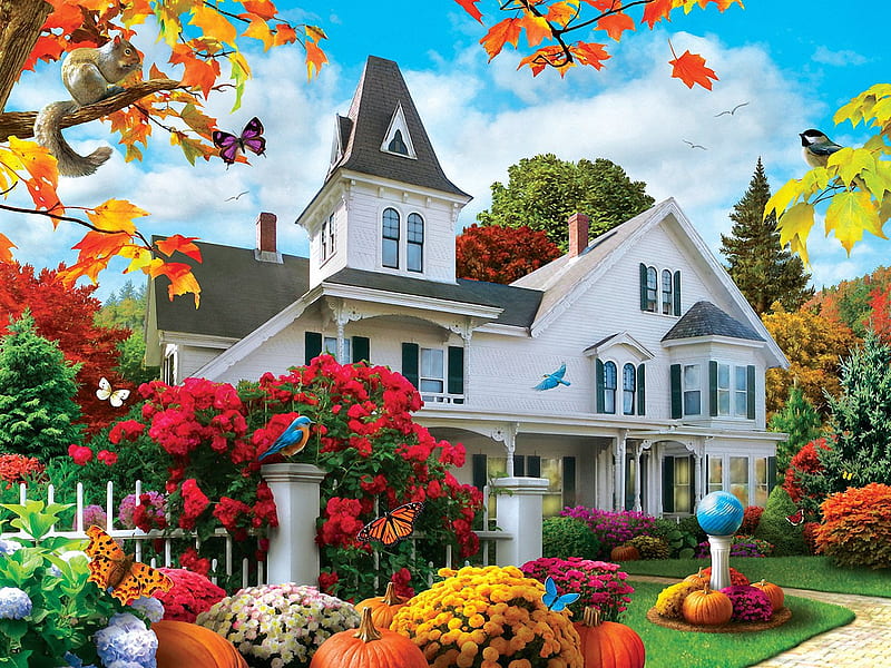 October Skies, trees, artwork, manor, fence, house, squirrel, birds, butterflies, leaves, garden, flowers, painting, HD wallpaper