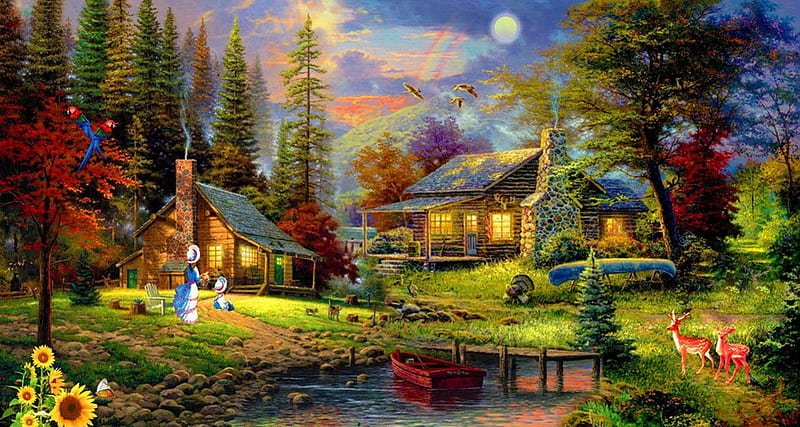 Evening paradise, stream, pretty, lights, countryside, nice, village, evening, reflection, kids, rest, rural, art, rustic, lovely, quiet, houses, sky, trees, water, serenity, paradise, roe, ountain, cottages, bonito, deer, moon, bridge, painting, river, cabins, calmness, creek, HD wallpaper