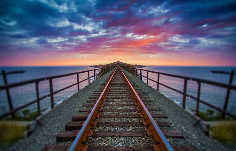 Straight Line, sunset, clouds, bridge, sea, HD wallpaper