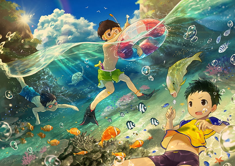 :-), fish, children, manga, sea, vara, boy, water, anime, copil, summer, noeyebrow, HD wallpaper