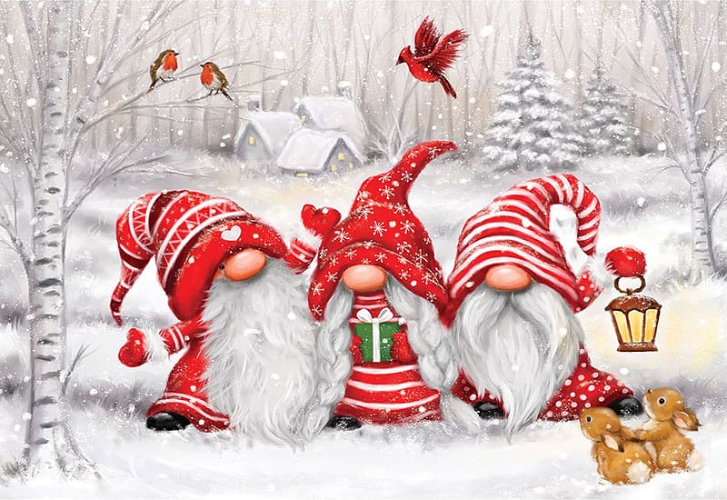 Three Gnomes, winter, birds, snow, christmas, painting, HD wallpaper