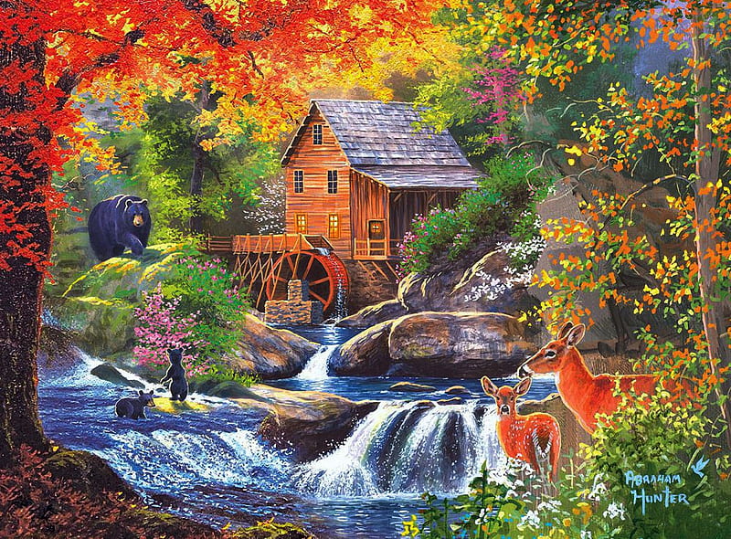 Spring Mill, watermill, cascades, painting, bears, river, trees, artwork, deer, HD wallpaper
