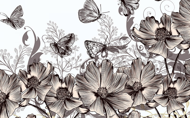 Texture, retro, pattern, butterfly, brown, flower, paper, white, vintage, HD wallpaper