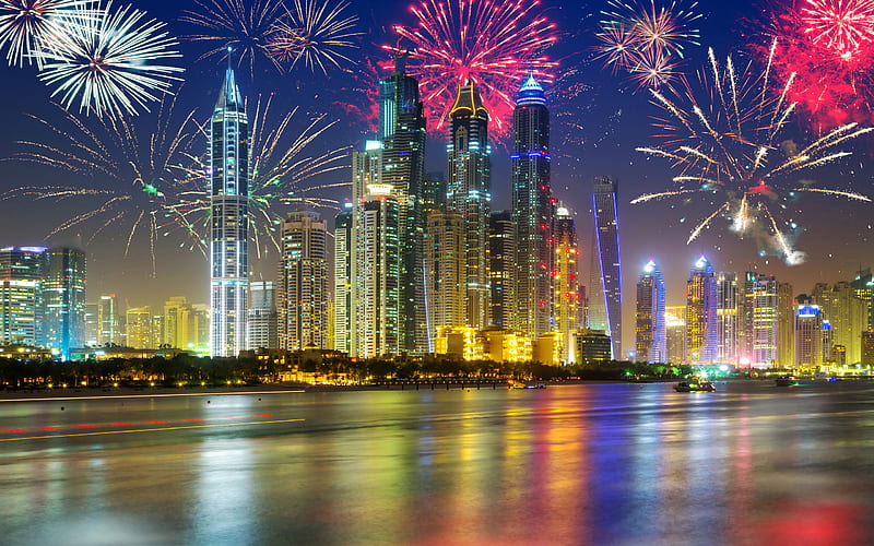 Dubai, night, cityscapes, fireworks, skyscrapers, United Arab Emirates, UAE, HD wallpaper