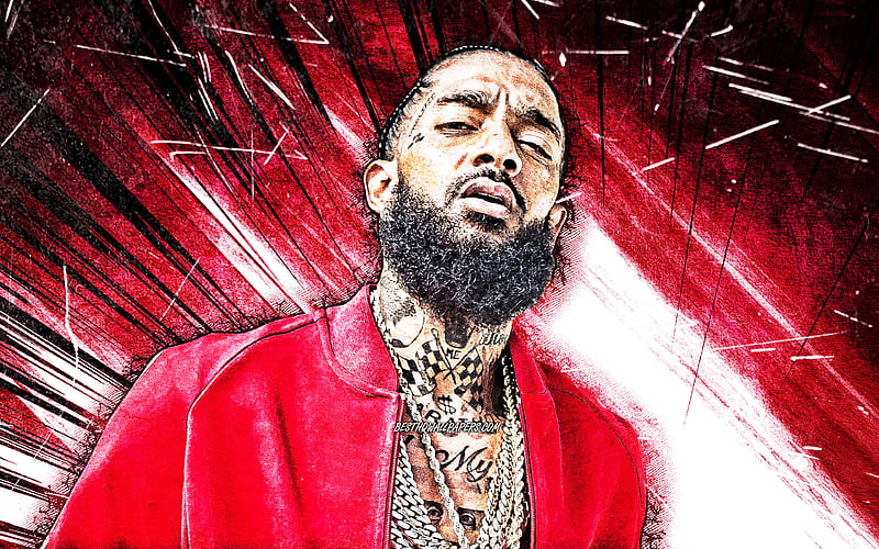 Nipsey Hussle, red abstract rays, american rapper music stars, grunge art, Ermias Joseph Asghedom, american celebrity, Nipsey Hussle, HD wallpaper