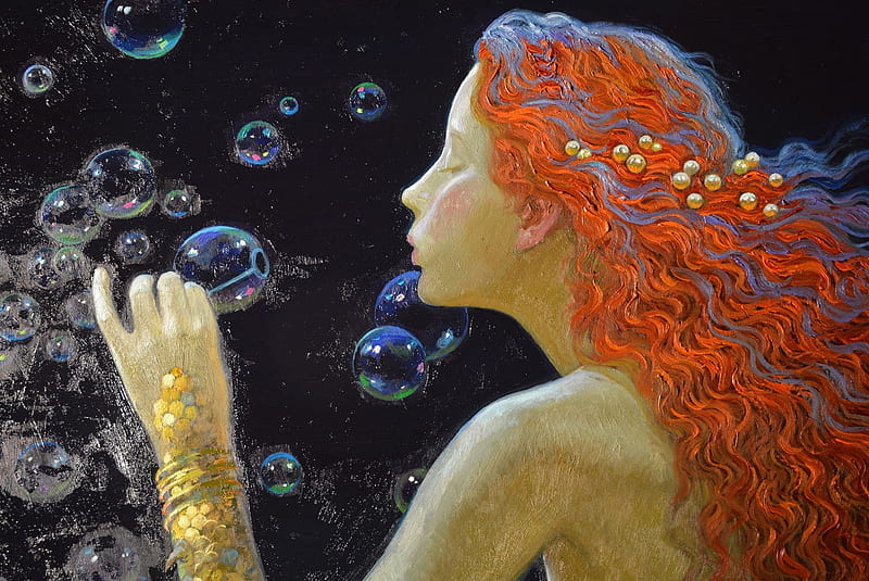 Mermaid, art, luminos, redhead, fantasy, girl, painting, bubbles, pictura, dream, victor nizovtsev, HD wallpaper