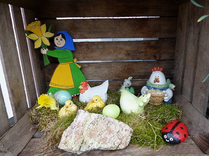 Happy Easter, egg, hen, chicken, stone, girl, moss, wood box, ladybird, HD wallpaper