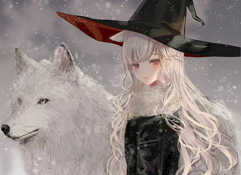 Anime witch girl, snow, white wolf, majestic, white hair, pretty, Anime, HD  wallpaper | Peakpx