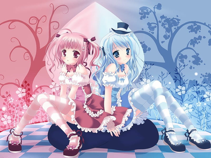 Akane Two World As One, cute, anime, girls, pink, blue, HD wallpaper