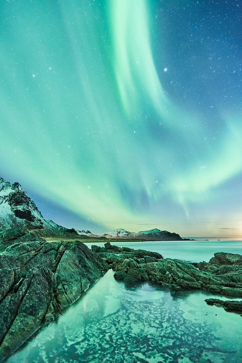 northern lights, rocks, lake, starry sky, stars, HD phone wallpaper
