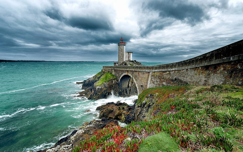 Phare du Petit Minou, lighthouse, Celtic sea, coast, Atlantic Ocean, Plaza, France, HD wallpaper