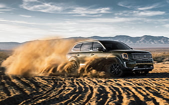 Kia Telluride, 2019, front view, Korean luxury SUV, new green Telluride, Korean cars, desert, Kia, HD wallpaper