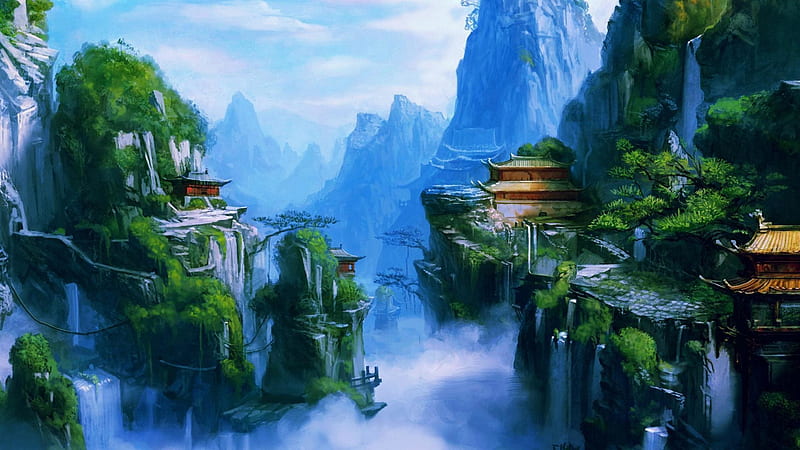 Mountains Green Trees Pagoda Anime Background Anime Background, HD wallpaper  | Peakpx