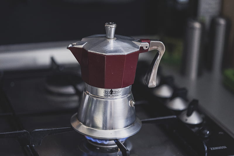 maroon and silver-colored kettle on stove, HD wallpaper