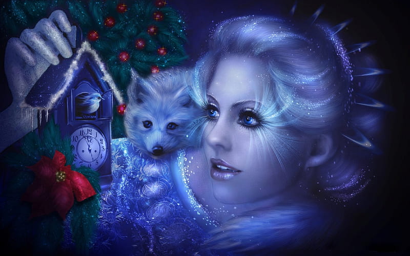 Christmas Fairy, bulbs, tree, bird, glitter, clock, woman, artwork, dog, HD wallpaper