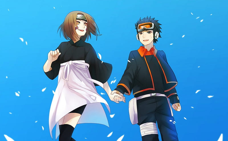 Obito and Rin, pretty, naruto, bonito, anime boy, lights, sweet, naruto shippuden, nice, obito, anime, beauty, anime girl, blue eyes, couple, kids, black hair, female, male, brown hair, sky, yellow eyes, short hair, cute, cool, rin, lover, awesome, ri, HD wallpaper