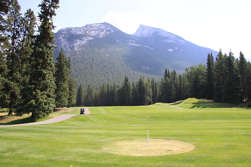Mountains & golf course in Banff Alberta National Park 17, graphy, green, grass, golf course, mountains, nature, trees, HD wallpaper
