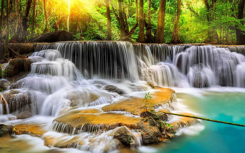 Erawan Falls , Thailand, Waterfall, Forest, Thailand, Nature, HD wallpaper