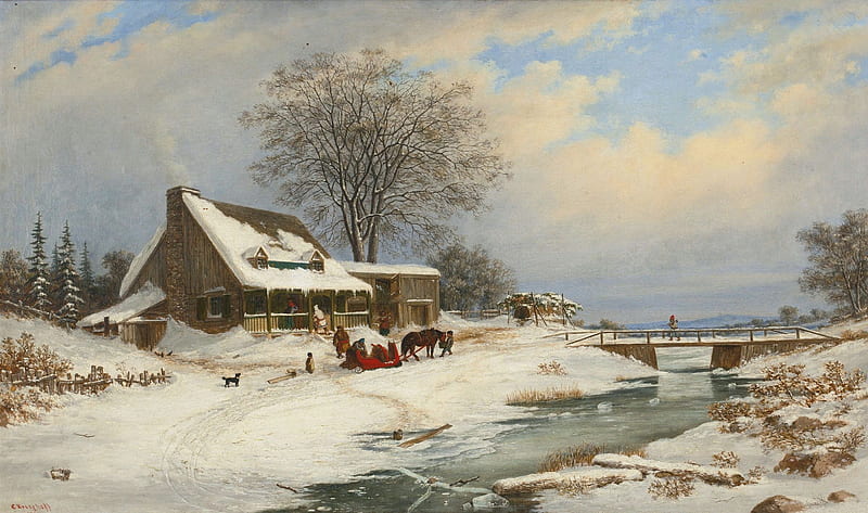 Winter Landscape, sleigh, cabin, horse, artwork, snow, people, painting ...