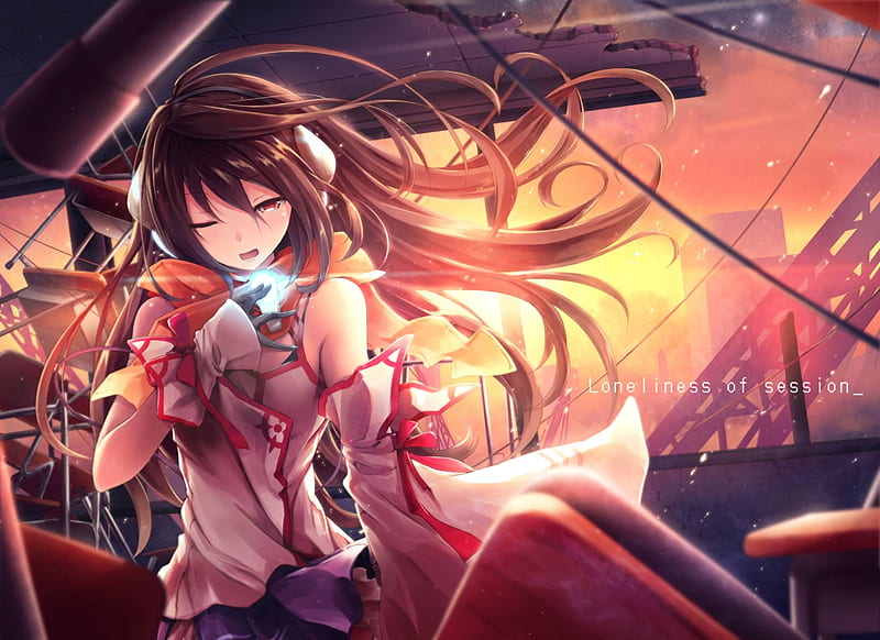 Loneliness of Session, pretty, dress, sunray, bonito, sunset, kokone, sweet, nice, anime, beauty, anime girl, sing, evening, singing, vocaloids, long hair, vocaloid, dawn, female, lovely, brown hair, wind, singer, cute, kawaii, girl, windy, rray, aodrable, scene, HD wallpaper