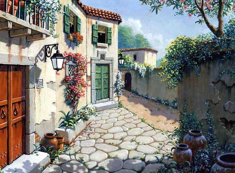 Italian Village, tree, house, painting, flowers, wall, HD wallpaper