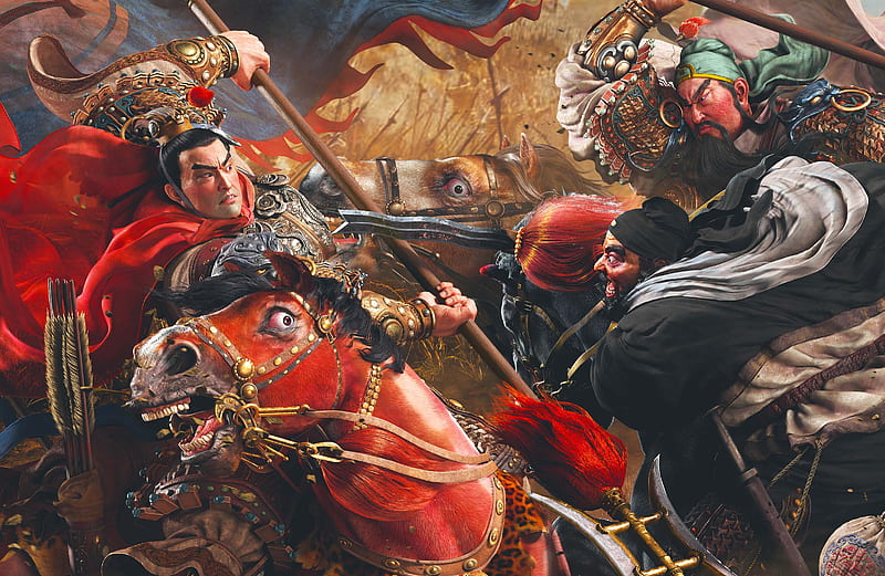The three heroes combating with Lu Bu, chinese, three heroes, horse, red, art, cal, wang kewei, battle, fight, asian, painting, pictura, HD wallpaper