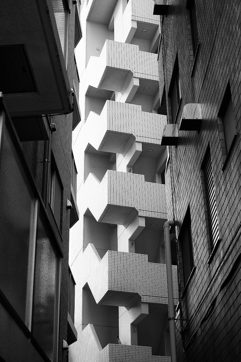 buildings, facades, architecture, stairs, black and white, HD phone wallpaper