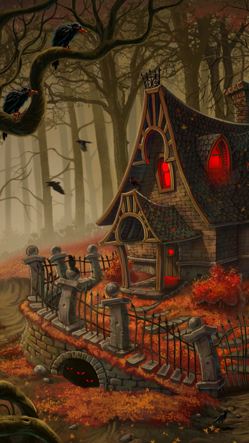 Raven Wood, crow, halloween, haunted, house, spooky, woods, HD phone wallpaper