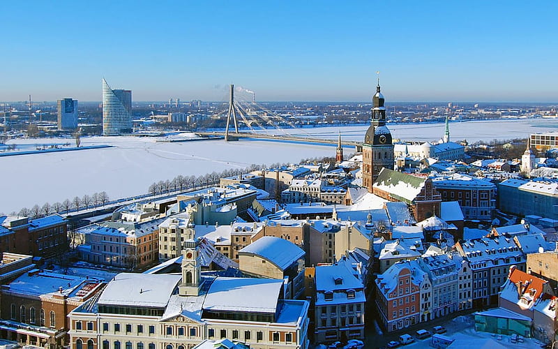 Winter in Riga, Latvia, Riga, churches, winter, houses, Latvia, river, HD wallpaper