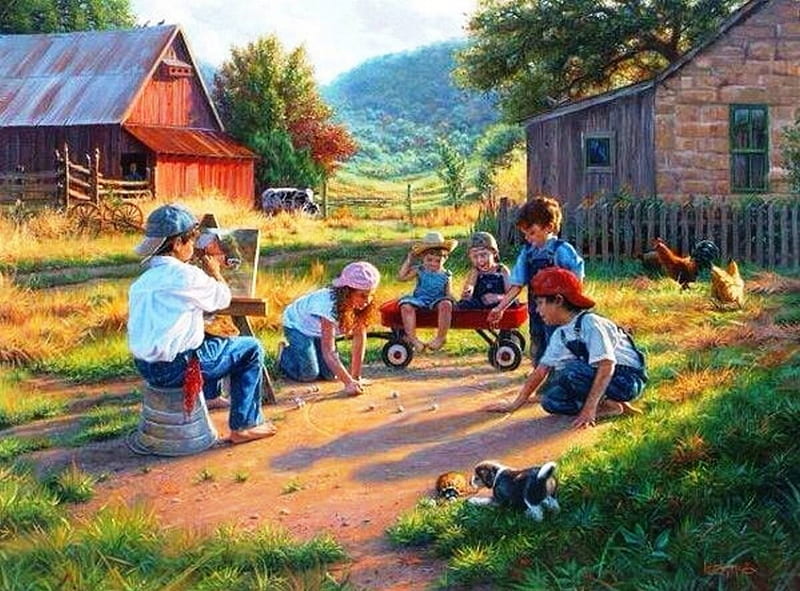 KIDS, playing, art, cottage, hens, houses, paintings, mountains, nature, evening, HD wallpaper