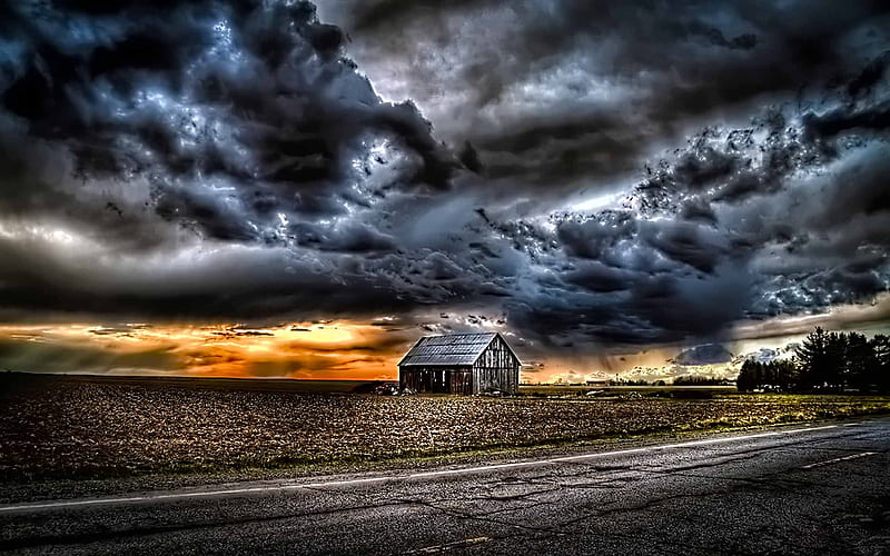 Abandon Farm House, farm, road, trees, clouds, sky, ray, field, HD wallpaper