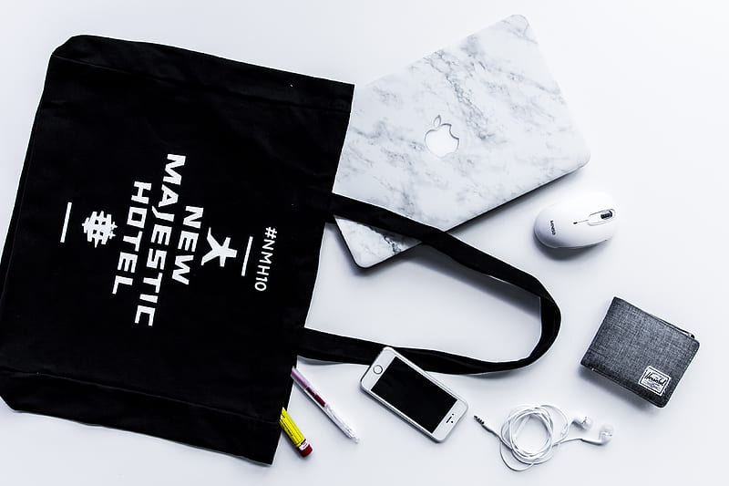 flat lay graphy of tote bag beside iPhone and wallet, HD wallpaper