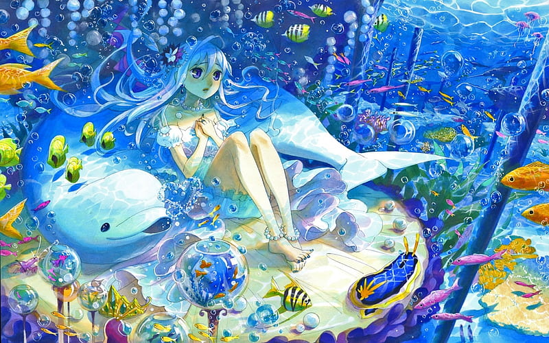 Mobile wallpaper: Anime, Jellyfish, Girl, Book, Fish, Blonde, Underwater,  Bubble, 939622 download the picture for free.