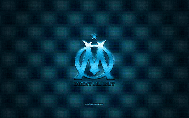 Olympique Marseille, French football club, blue metallic logo, blue carbon fiber background, Marseille, France, Ligue 1, football, OM logo, HD wallpaper