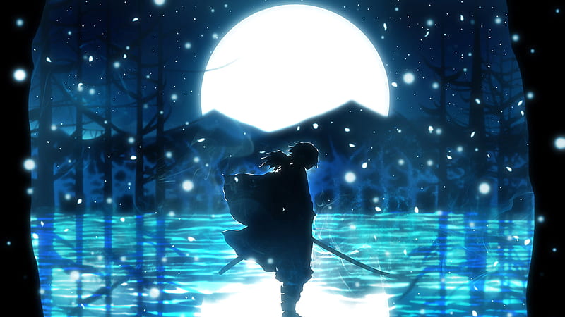 Demon Slayer Giyuu Tomioka With Sword With Background Of Moon Light During Night And Glittering White Dots Anime, HD wallpaper
