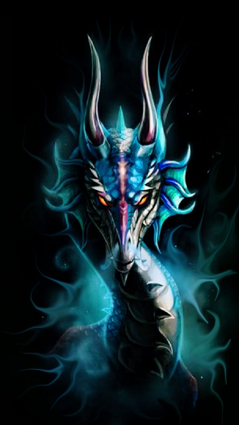 Neon Fire Breather, background, beast, blue, dragon, horns, magical, mystical, smoke, HD phone wallpaper
