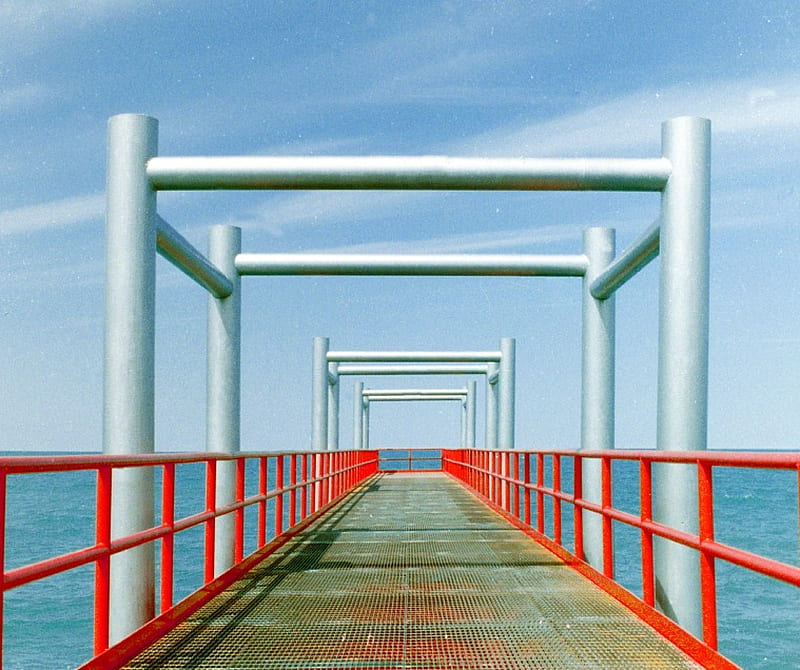 red pier, outside, red, water, pier, HD wallpaper