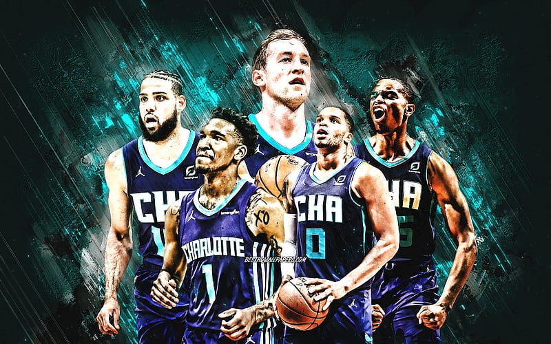 Charlotte Hornets, American basketball team, NBA, purple stone background, basketball, USA, LaMelo Ball, Gordon Hayward, Malik Monk, HD wallpaper