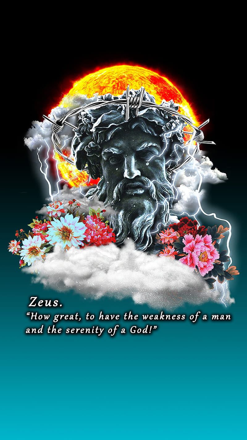 Zeus the Greek God, clouds, flowers, god, greek god, lightning, rays, sculpture, statue, vaporwave, zeus, HD phone wallpaper