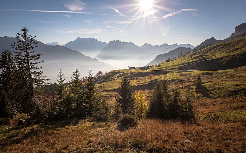Saint Gallen, mountain landscape, morning, sunrise, green hills, mountains, Alps, Switzerland, HD wallpaper