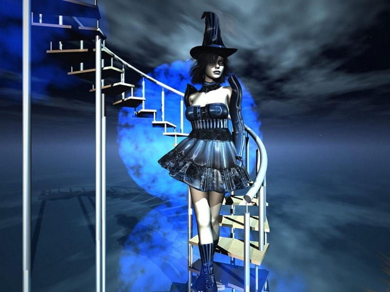 sweet witchy, wich, staircase, bluemoon, girl, spiral, HD wallpaper