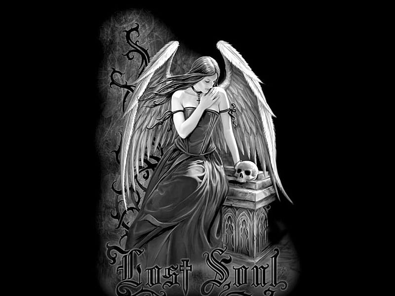 Lost Souls, tombstone, thorns, angel, black, skull, HD wallpaper