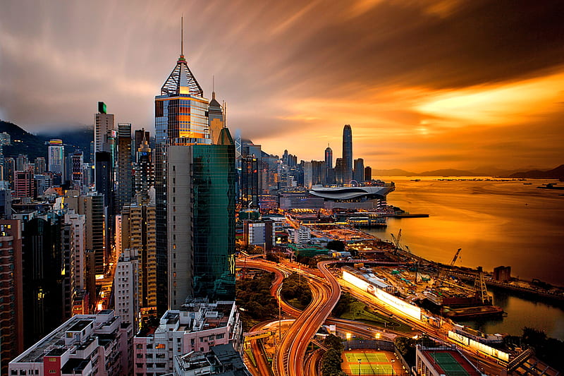 Hong Kong Evening, Sky, Hong Kong, City, Evening, HD wallpaper
